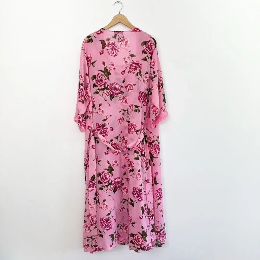 Woman Within Vintage Y2K 2 Piece Rose Printed Pink Lace Trim Slip Dress Robe Int